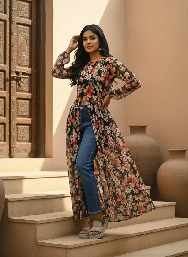 Floral print Naira Kurti for Women (Black, XL)