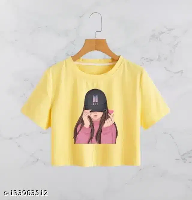 Printed Crop T-shirt for Women (Yellow, L)