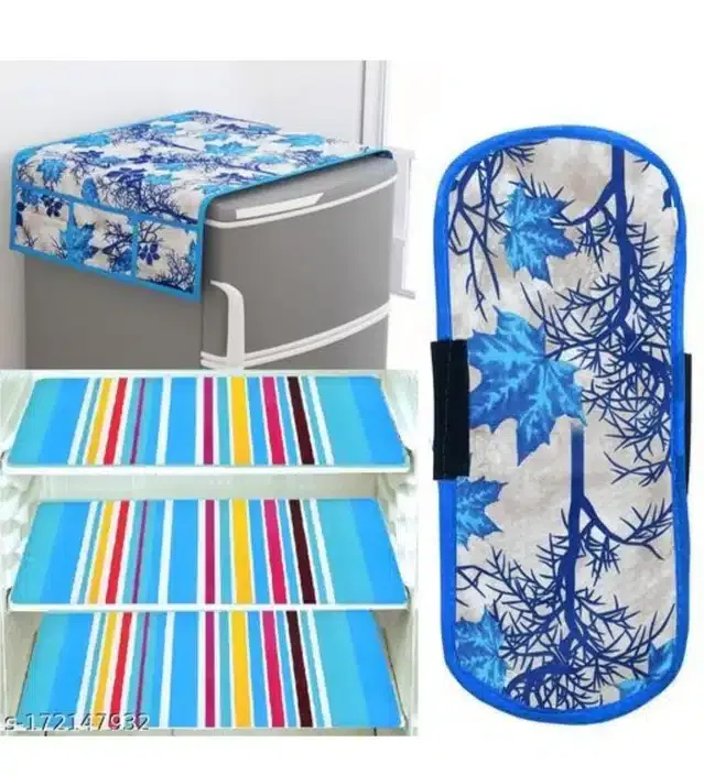 Knit Printed Fridge 3 Pcs Mat with Top & Handle Cover (Multicolor, Set of 1)