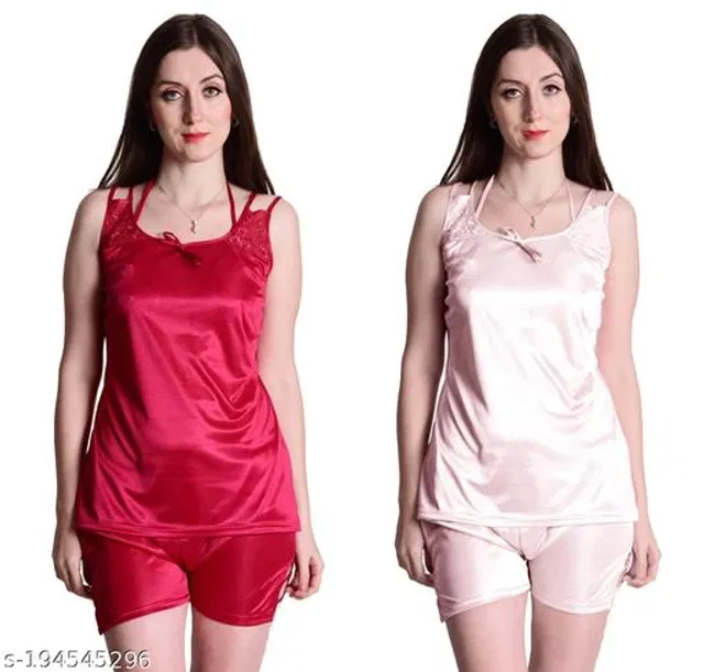 Satin Nightdress Set for Women (Maroon & Peach, Free Size) (Set of 2)