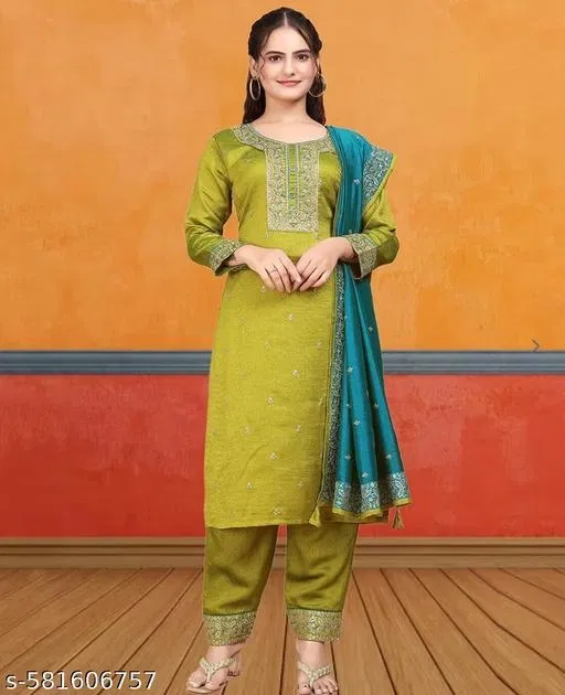 Designer Kurti Pant Set for Women (Green, XXL)
