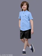 Solid Cotton Blend Mandarin Collar Short Sleeve Shirt for Boys 