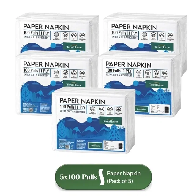 TerraHome Large Tissue Paper Napkins, 1 Ply, 27x30cm [5x100 Pieces] (Pack of 5)