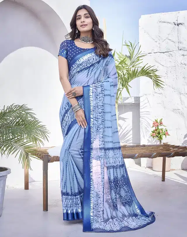 Linen Printed Saree for Women (Blue, 6 m)
