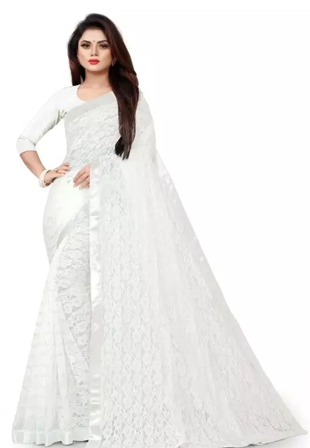 Net Solid Saree for Women (White, 6.3 m)