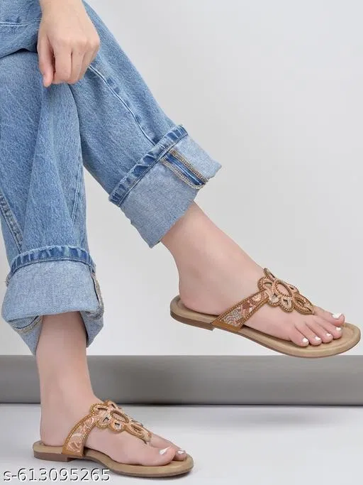 Shoetopia Brown Embellished Flat Sandals (Size IND-5)