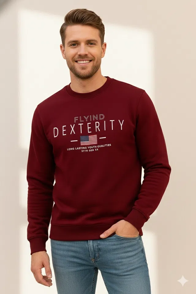 Fleece Printed Sweatshirt for Men, Maroon (XL)