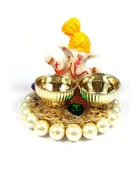 Metal Decorative Ganpati Haldi Kumkum Stand with 2 Roli Chawal Holder, Multicolor