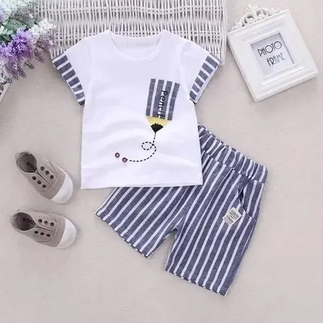 Cotton Blend Printed Clothing Set for Boys (White & Grey, 2-3 Years)