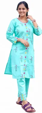 Trendy Cotton Blend Kurta with Pant for Women, Aqua Blue 