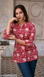 Cotton Printed Short Kurti for Women, Red 