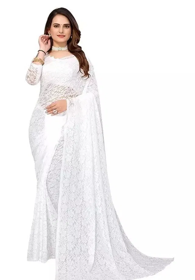 Net Floral Saree for Women (White, 6.3 m)