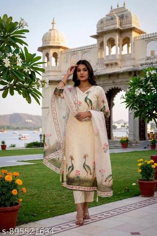 Chanderi Cotton Kurta Set for Women (Cream, L)