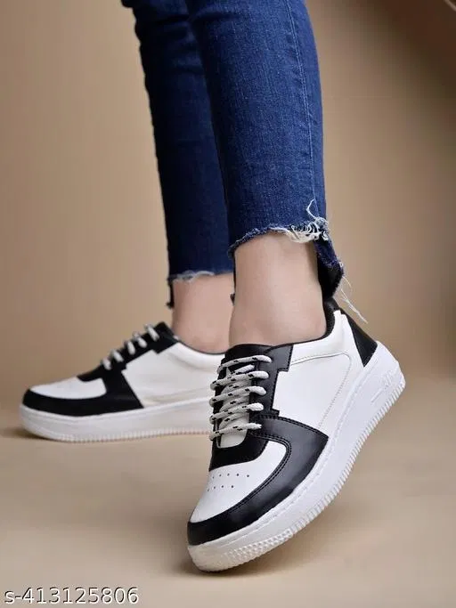 Solid Synthetic Sneakers for Women (Black, IND-6)