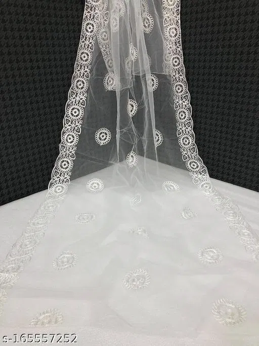 Ethnic Motif Sequinned Embroidered Net Dupatta for Women (White, Free Size)