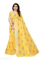 Chanderi Cotton Printed Saree for Women, Yellow 