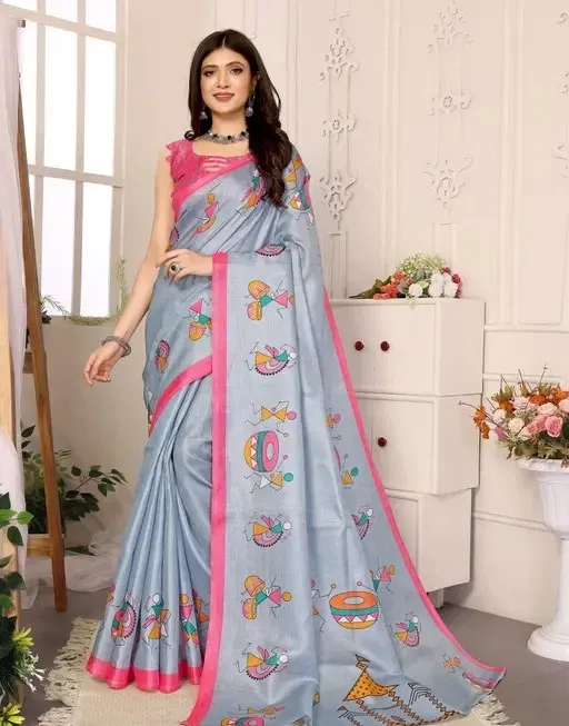 Mysore Silk Printed Saree for Women (Grey, 6.3 m)