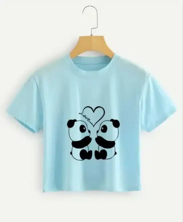 Printed Crop T-shirt for Women (Aqua Blue, L)