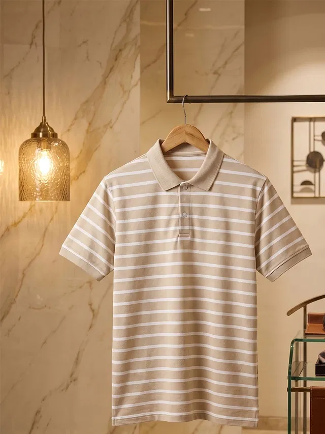 Striped Polo T-shirt for Men (Beige, M)