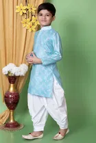Dupion Silk Embellished Kurta with Dhoti for Boys, Sky Blue & White 
