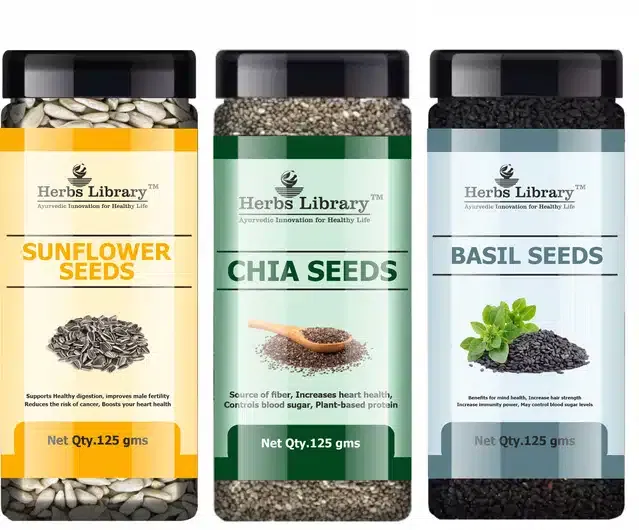 Herbs Library Sunflower Seeds, Chia Seeds and Basil Seeds (Pack of 3, 125 g)