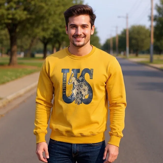 Fleece Printed Hoodie For Men, Yellow (M)
