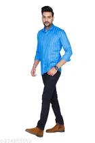 Cotton Blend Checked Shirt for Men, Sky 