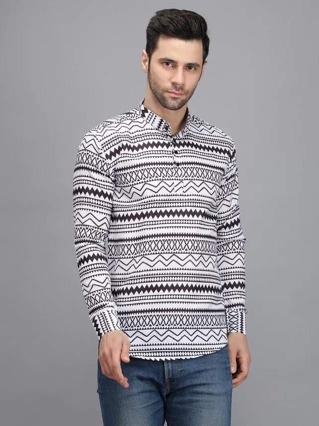 Cotton Blend Printed Kurta for Men (White, L)