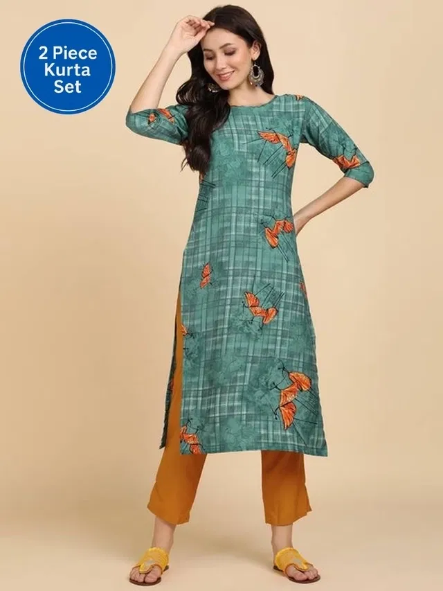 Crepe Printed Women's Kurta with Pant Set (Green, XXL)