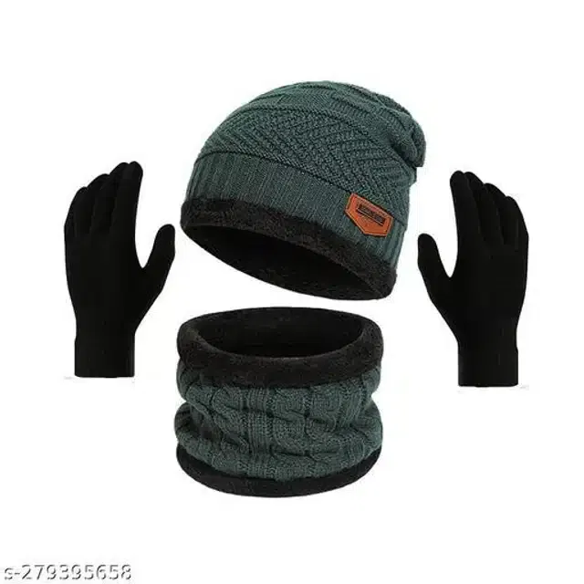 Woolen Beanie Cap with Neck Scarf & Hand Gloves for Men & Women (Multicolor, Set of 2)