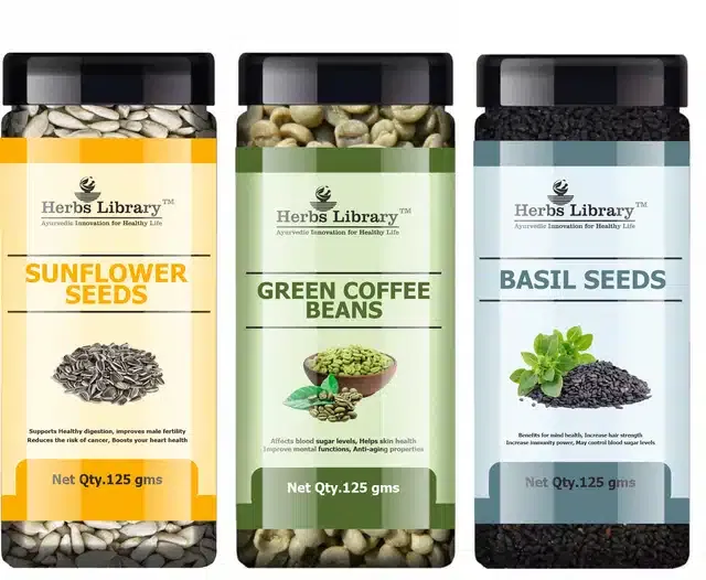 Herbs Library Sunflower Seeds, Green Coffee Beans and Basil Seeds (Pack of 3, 125 g)
