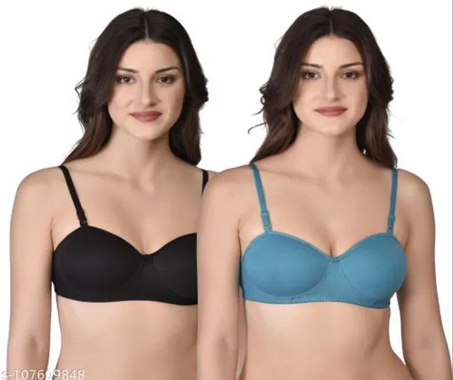 Cotton Blend Solid Padded Bra for Women (Black & Blue, 32B) (Pack of 2)