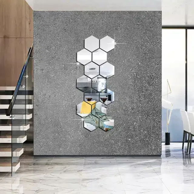 Acrylic Hexagon Shaped Wall Mirror Stickers (Silver, Pack of 14)
