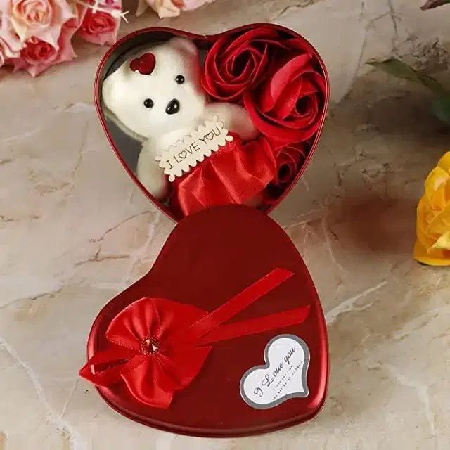 Plastic Heart Shape Box with Teddy Bear (Cream & White, Set of 1)