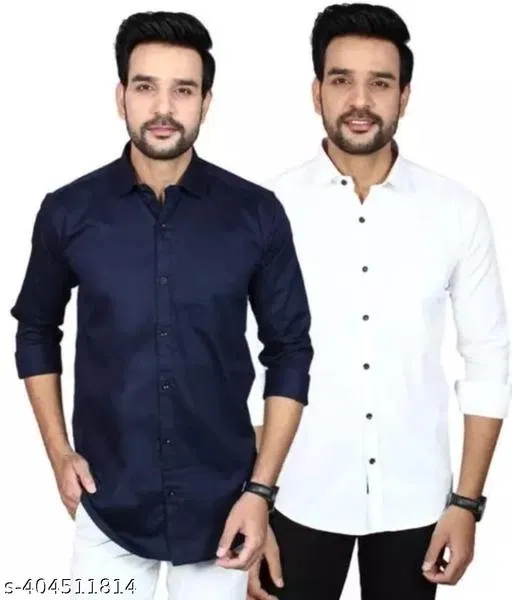 Cotton Blend Solid Shirts for Men, Blue & White, Pack of 2 (XL)