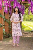 Cotton Blend Floral Print Kurta with Pant for Women 