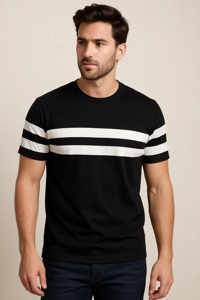 Round Neck Striped T-Shirt for Men (Black & White, XL)