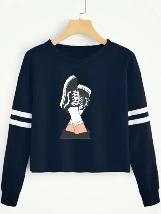 Printed Full Sleeve T-shirt for Women (Navy Blue, S)