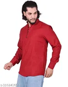 Cotton Blend Solid Short Kurta for Men, Maroon 