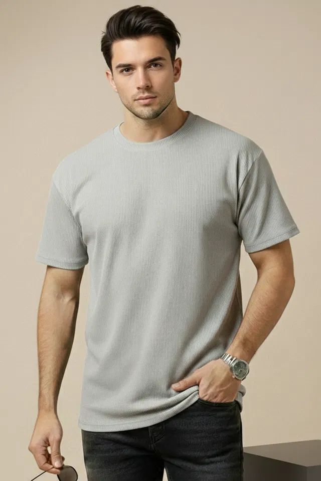 Polyester Round Neck T-shirt for Men, Grey (XL)
