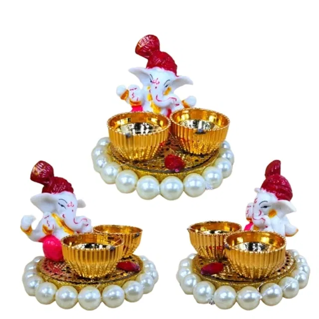 Metal Decorative Ganpati Haldi Kumkum Stand with 2 Roli Chawal Holder, Multicolor