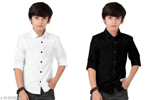 Solid Cotton Blend Long Sleeve Shirt for Boys, Pack of 2 (Black, 12-13 Years)