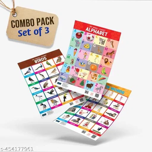 My Small Chart Alphabet, Birds & Action Words (Set of 3) | Early Learning Educational Wall Charts for Kids | ABC Chart, Birds Chart & Action Words Chart | Preschool & Kindergarten Learning Charts for Nursery, LKG & UKG