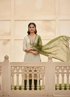 Cotton Silk Embellished Unstitched Suits Fabric for Women, Beige & Green
