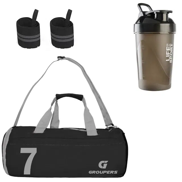 Polyester Printed Gym Bag with 2 Pcs Wristband & Shaker Bottle (400 ml) for Men & Women (Multicolor, Set of 1)