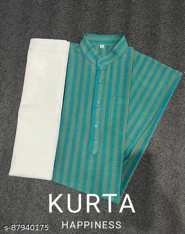 Khadi Cotton Printed Kurta with Pyjama for Men (Sea Green & White, S)