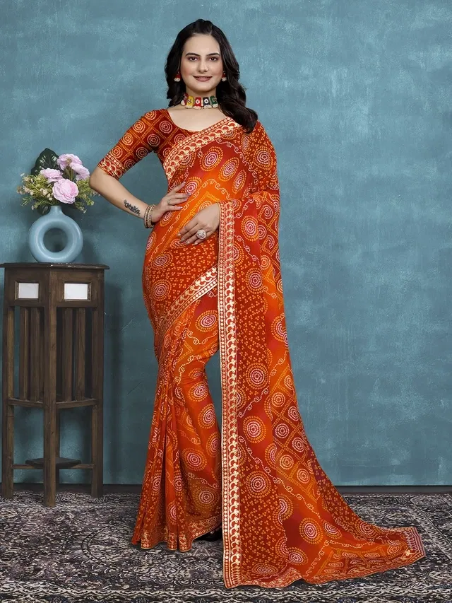 Georgette Bandhini Saree for Women (Orange)