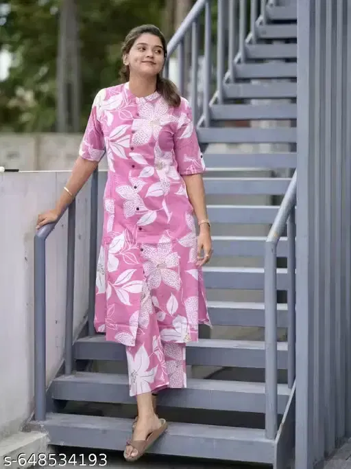 Floral Print Cotton Blend Kurta with Pant for Women, Pink (XXL)