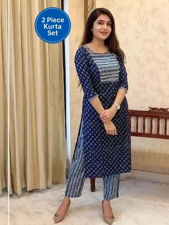 Rayon Printed Women's Kurta with Pant Set (Blue, L)