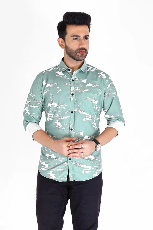 Cotton Blend Printed Shirt for Men, White & Green (XL)
